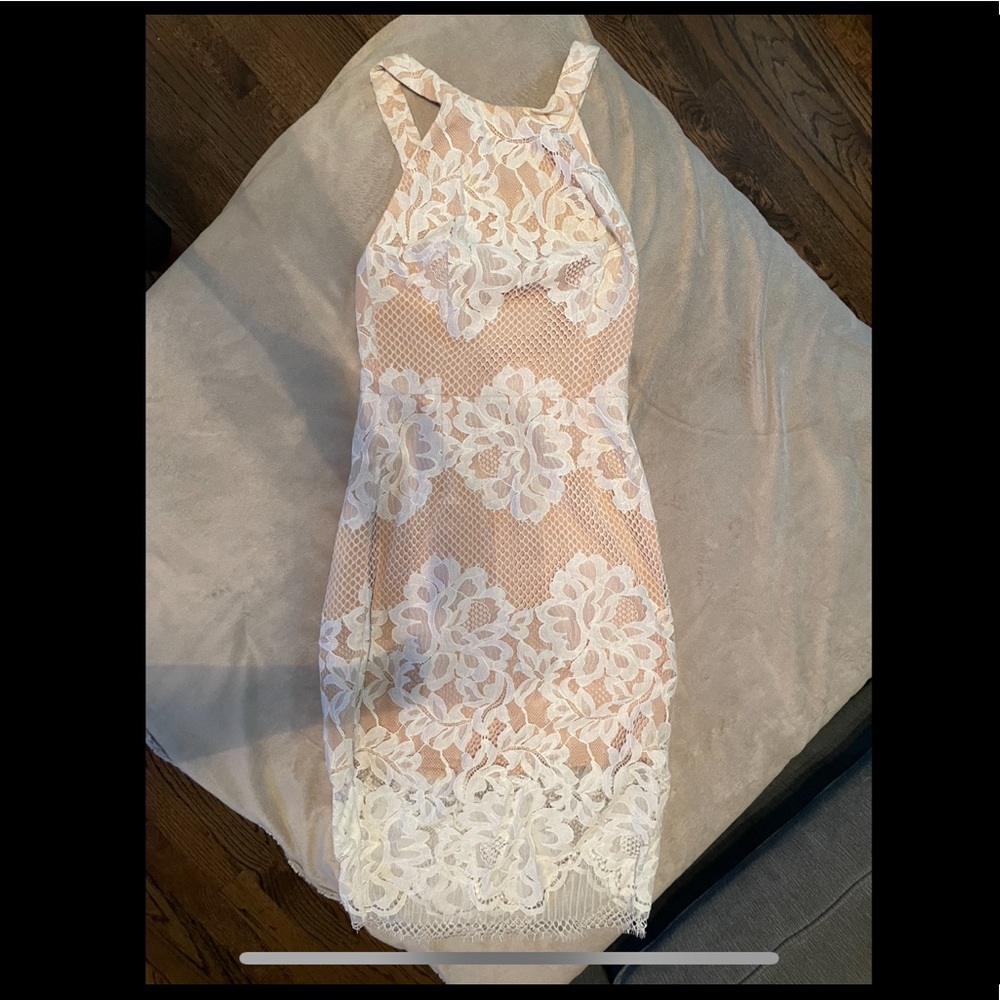 intermix brand dress. white lace. nude lining